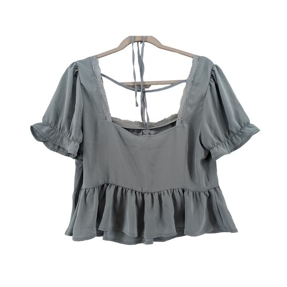 Forever 21 Peplum Blouse L Blue Gray Lace Cutout Keyhole Ruffled Neck Tie Square - Picture 11 of 11